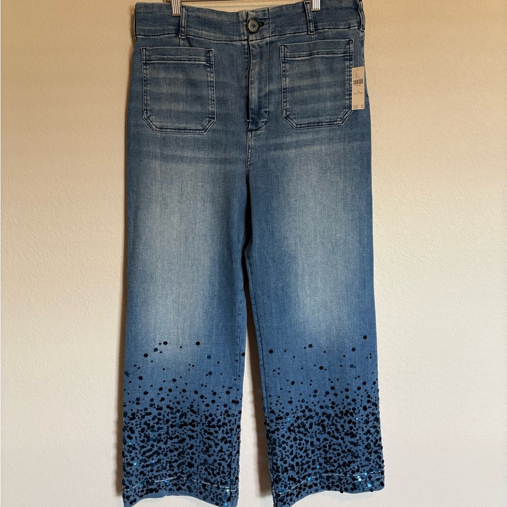 NWT Anthropologie Colette Sequin Crop Wide-Leg Jeans in Medium Wash